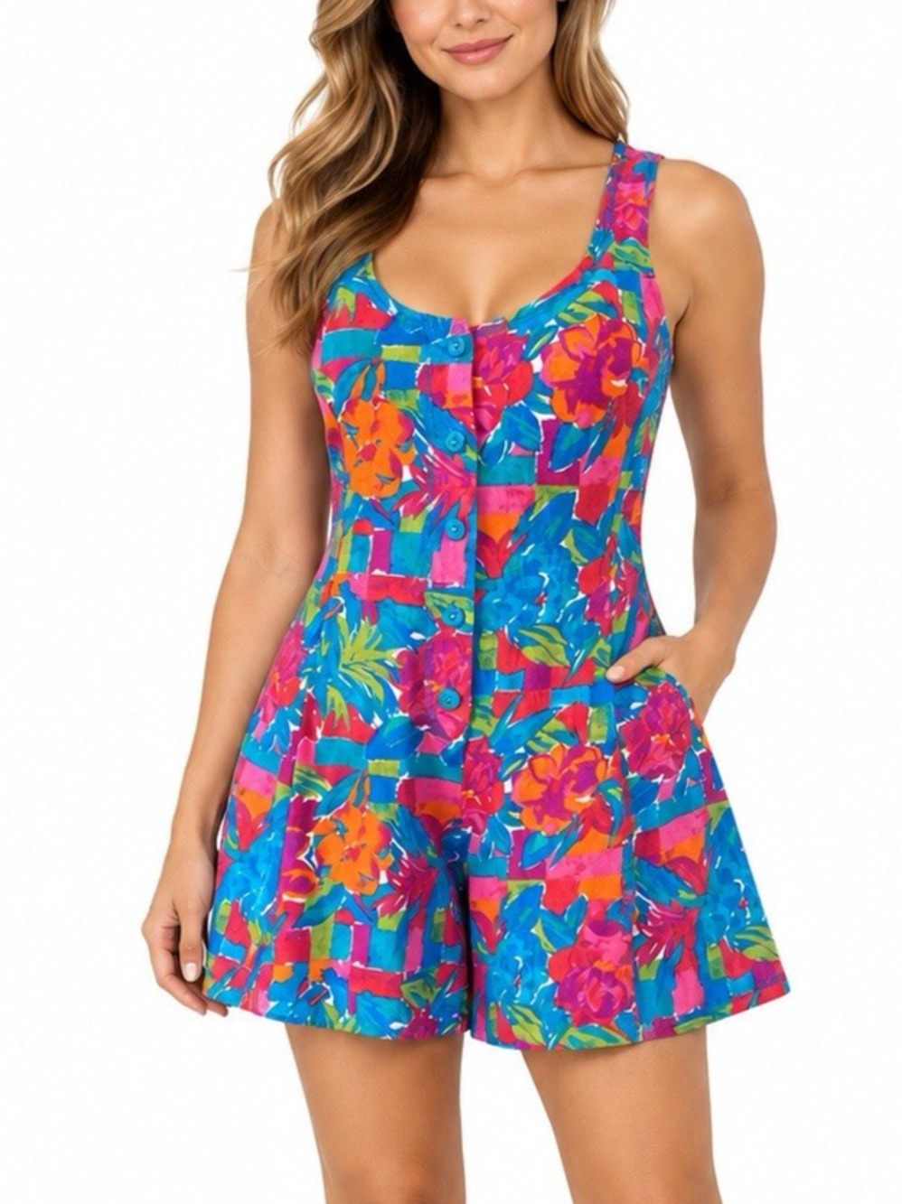 NWT Ocean Pacific Romper Floral Sleeveless Scoop Neck Cotton Button Front M